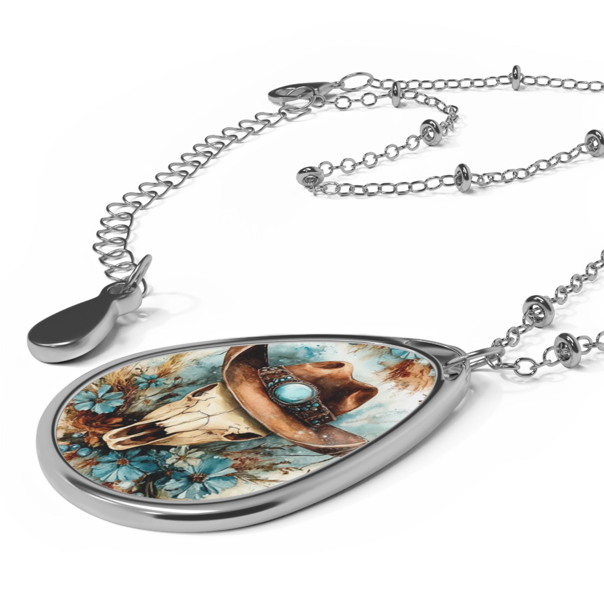Cow Skull Western Oval Necklace — Turquoise Boho Pendant