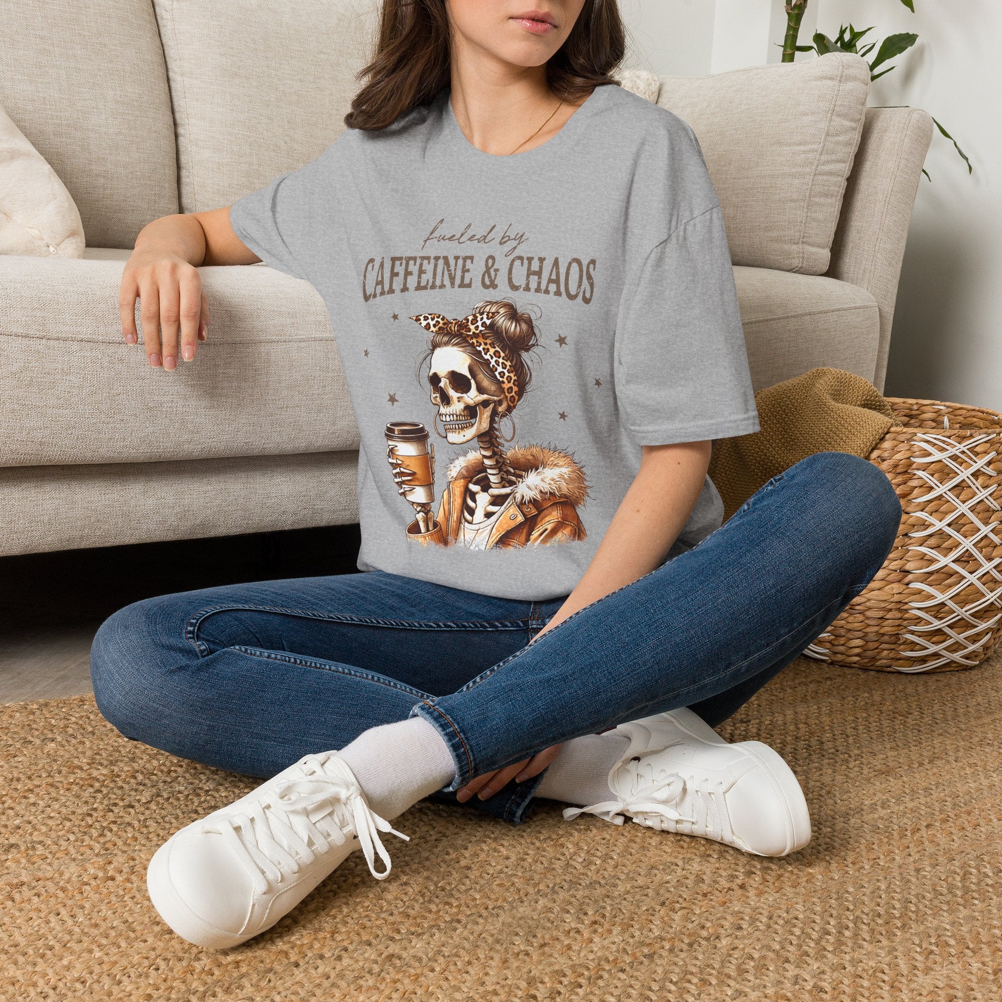 T-Shirt — Fueled by Caffeine & Chaos Skeleton Graphic