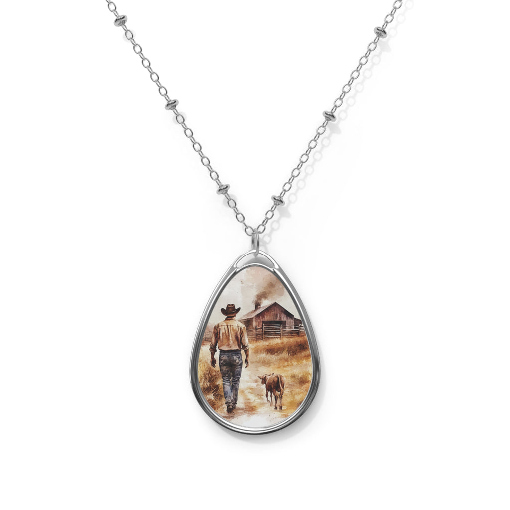 Oval Necklace - Rustic Cowboy & Dog Teardrop Pendant Jewelry