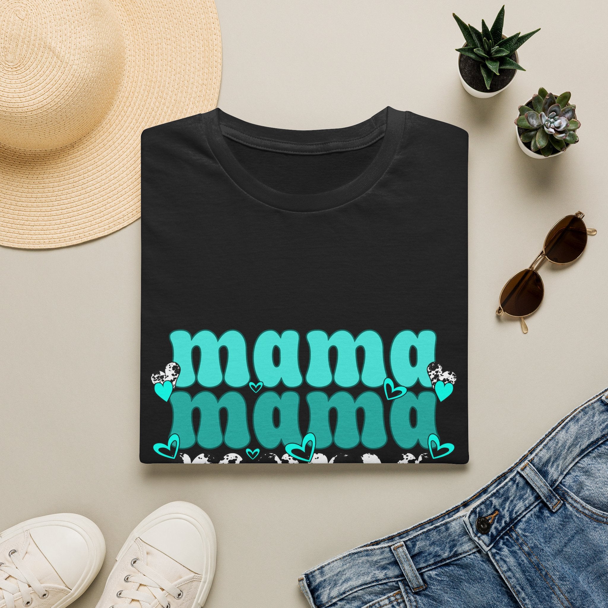 Mama Mama Retro Graphic Tee — Turquoise Stacked "mama" Design