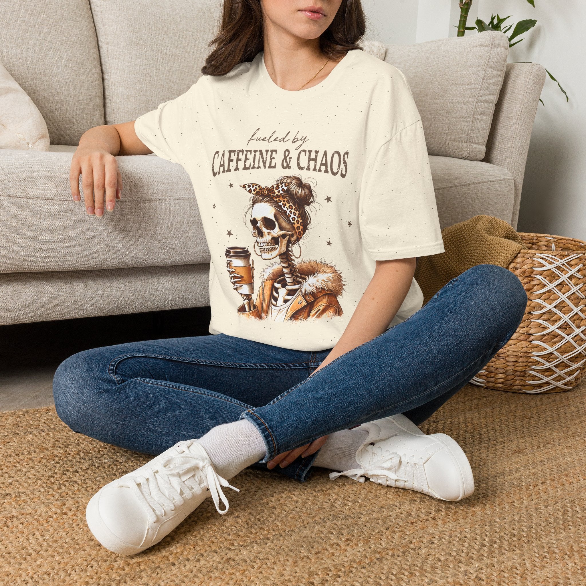 T-Shirt — Fueled by Caffeine & Chaos Skeleton Graphic