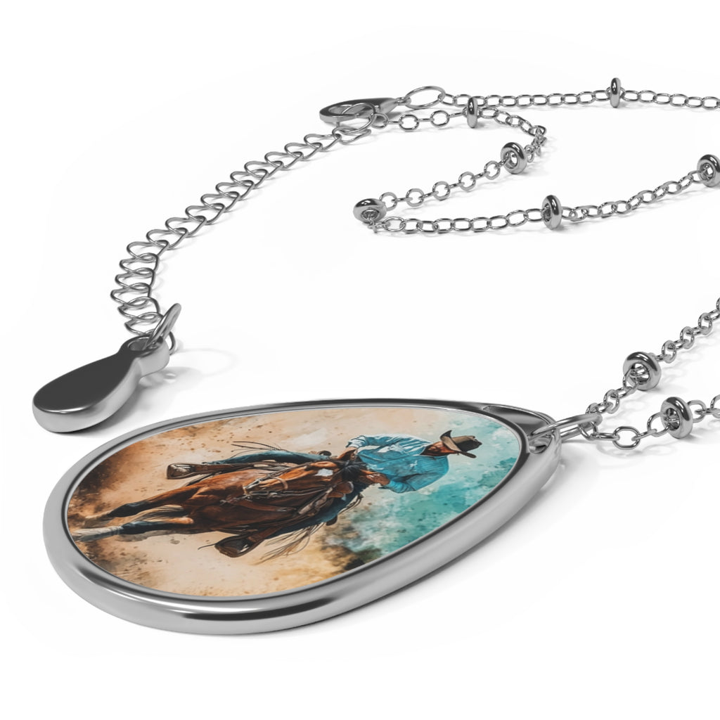 Western Cowboy Oval Necklace — Teardrop Horse Rider Pendant