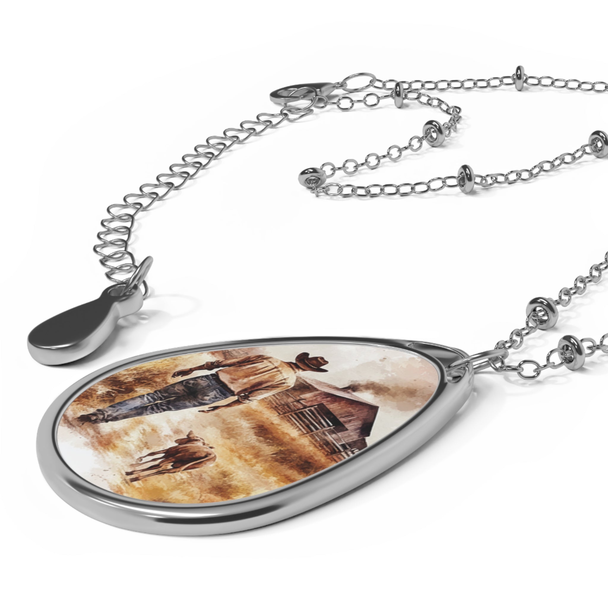 Oval Necklace - Rustic Cowboy & Dog Teardrop Pendant Jewelry
