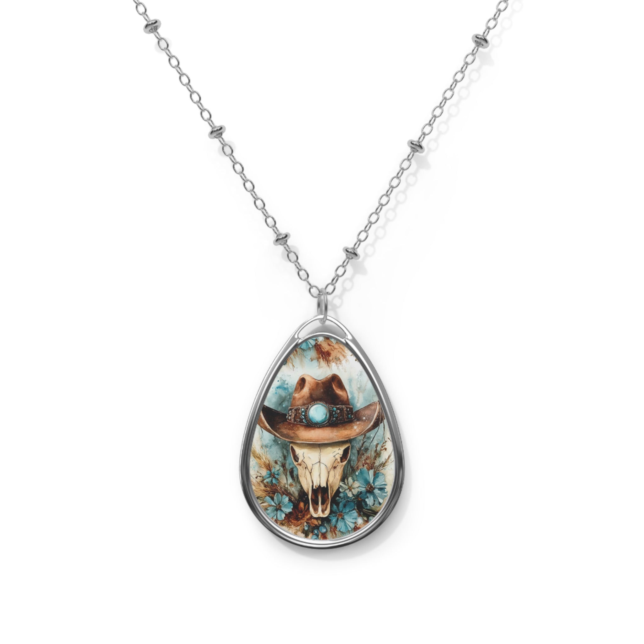 Cow Skull Western Oval Necklace — Turquoise Boho Pendant