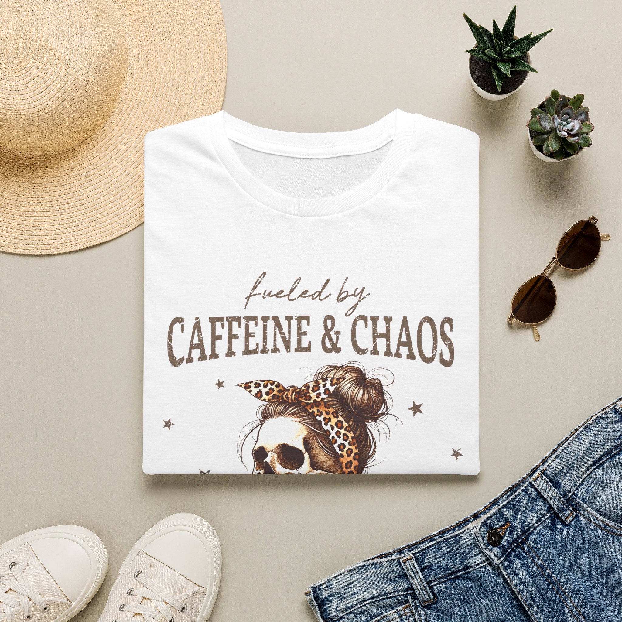 T-Shirt — Fueled by Caffeine & Chaos Skeleton Graphic