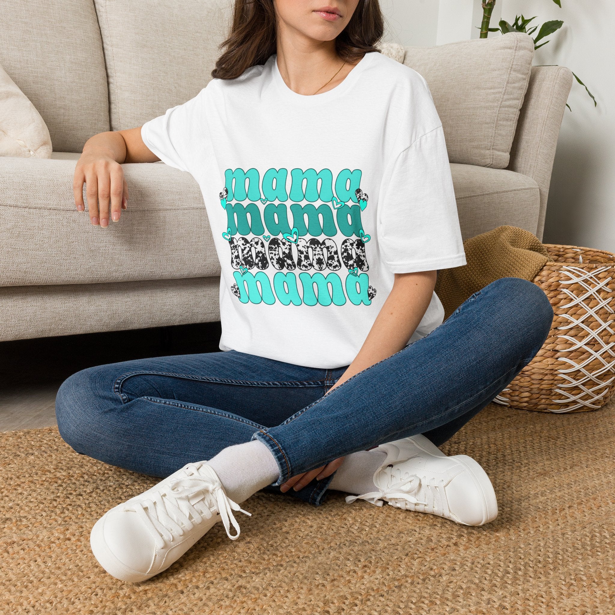 Mama Mama Retro Graphic Tee — Turquoise Stacked "mama" Design
