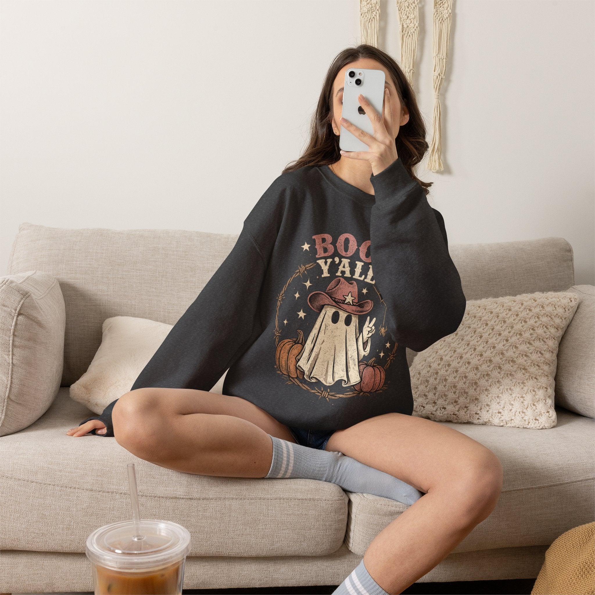 Boo Y'all Ghost Sweatshirt — Cute Cowboy Ghost Halloween Crewneck