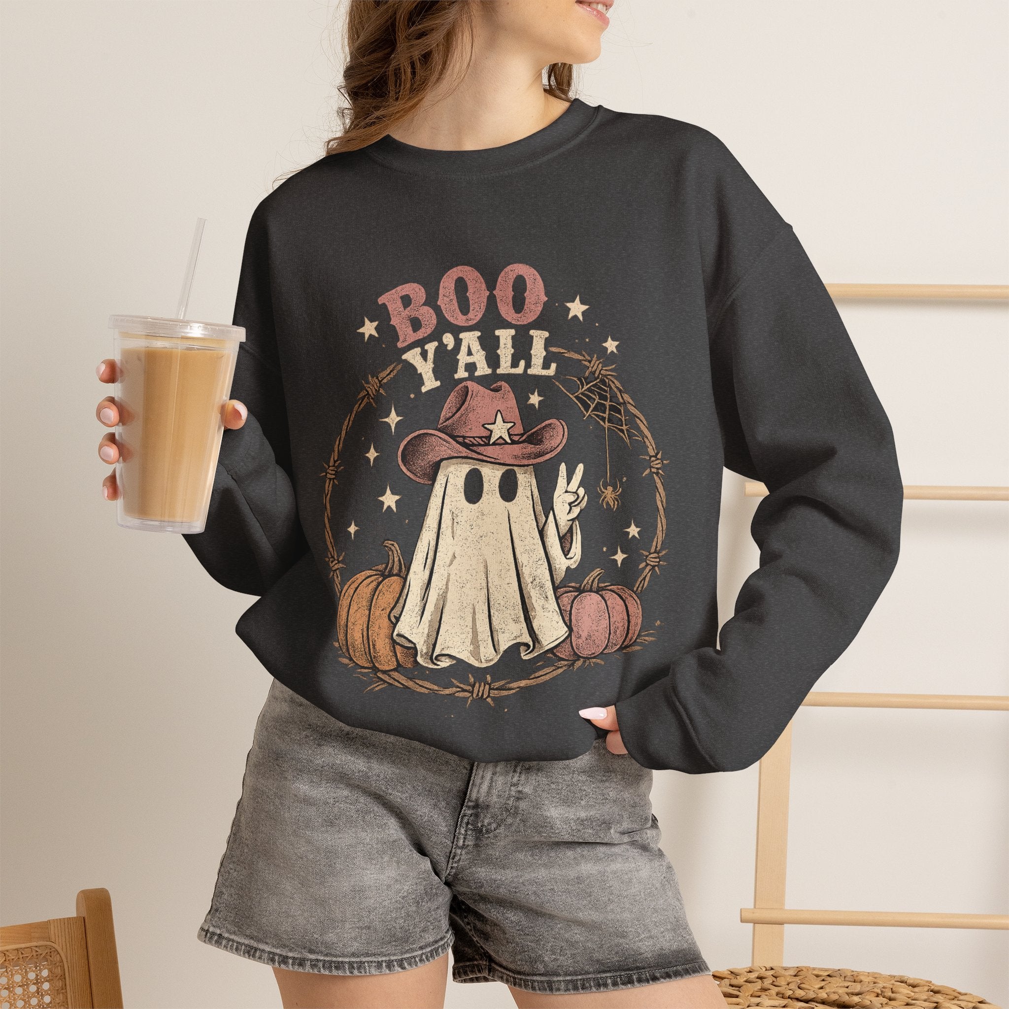 Boo Y'all Ghost Sweatshirt — Cute Cowboy Ghost Halloween Crewneck