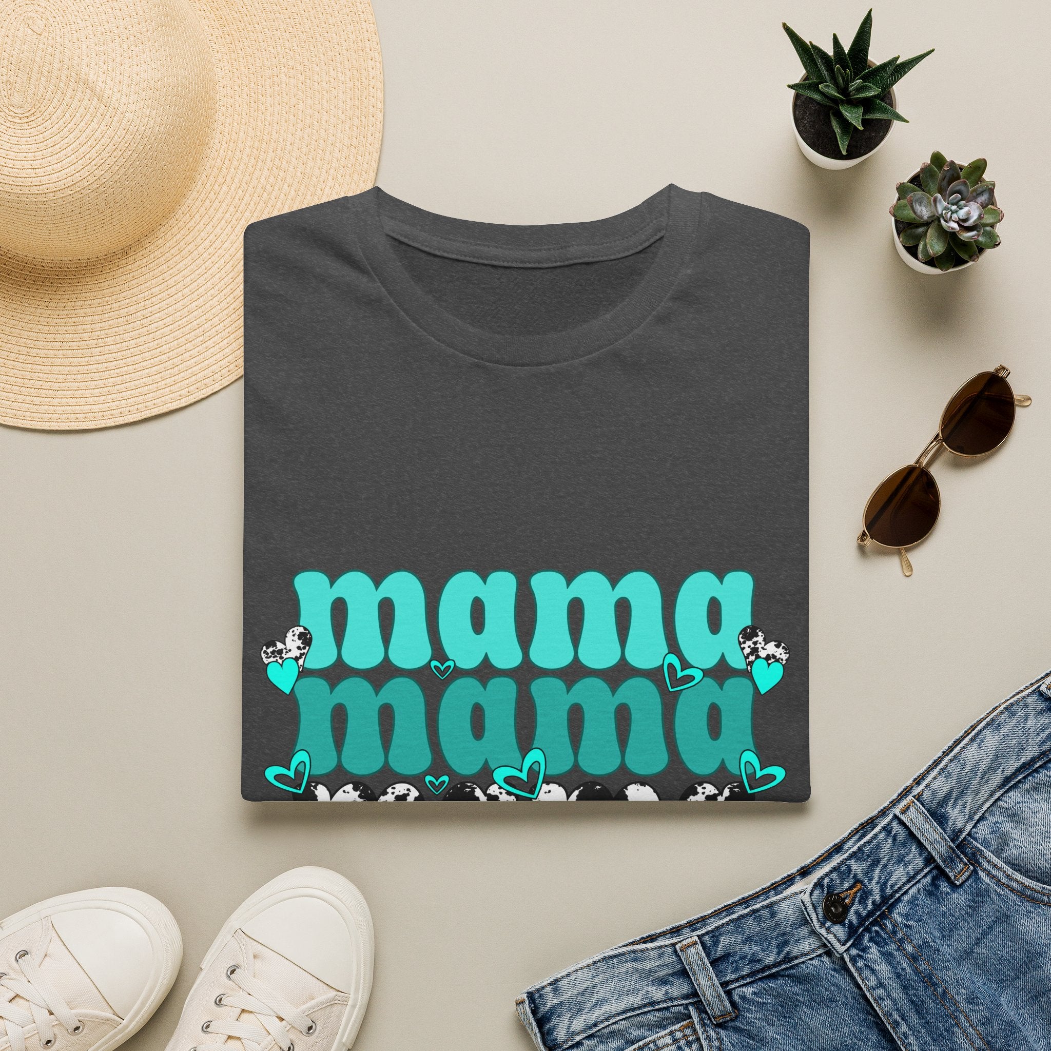 Mama Mama Retro Graphic Tee — Turquoise Stacked "mama" Design