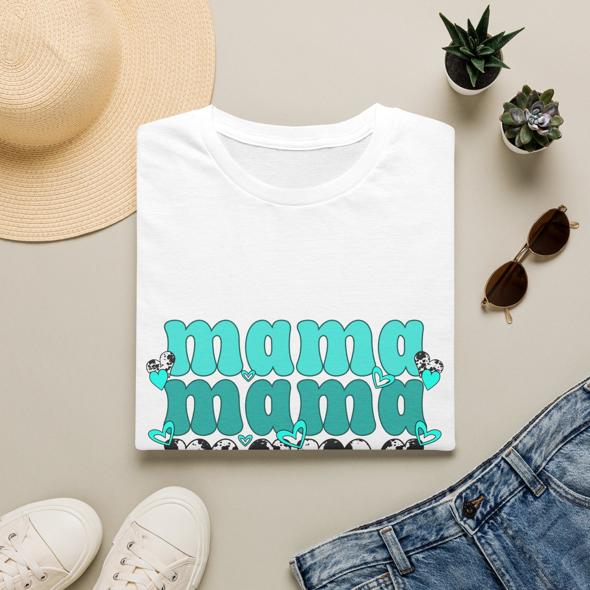 Mama Mama Retro Graphic Tee — Turquoise Stacked "mama" Design