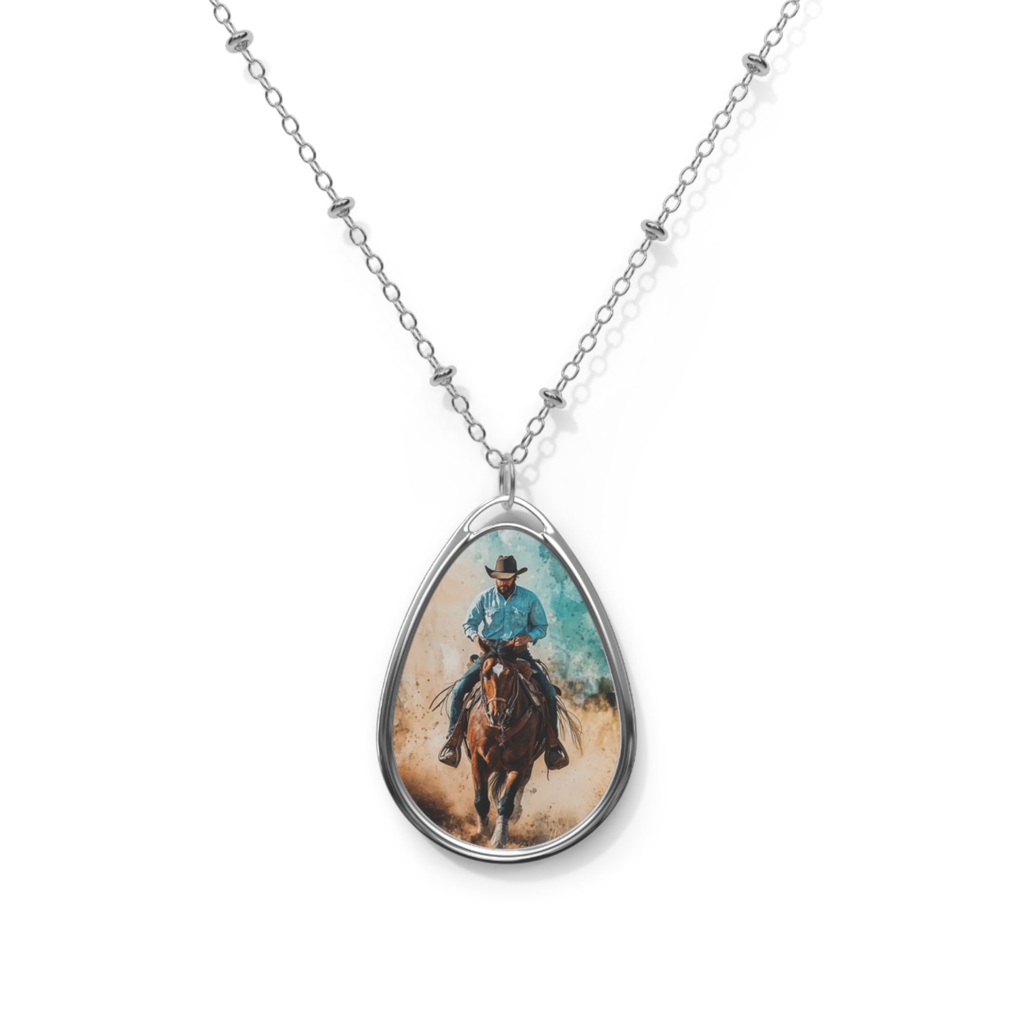 Western Cowboy Oval Necklace — Teardrop Horse Rider Pendant