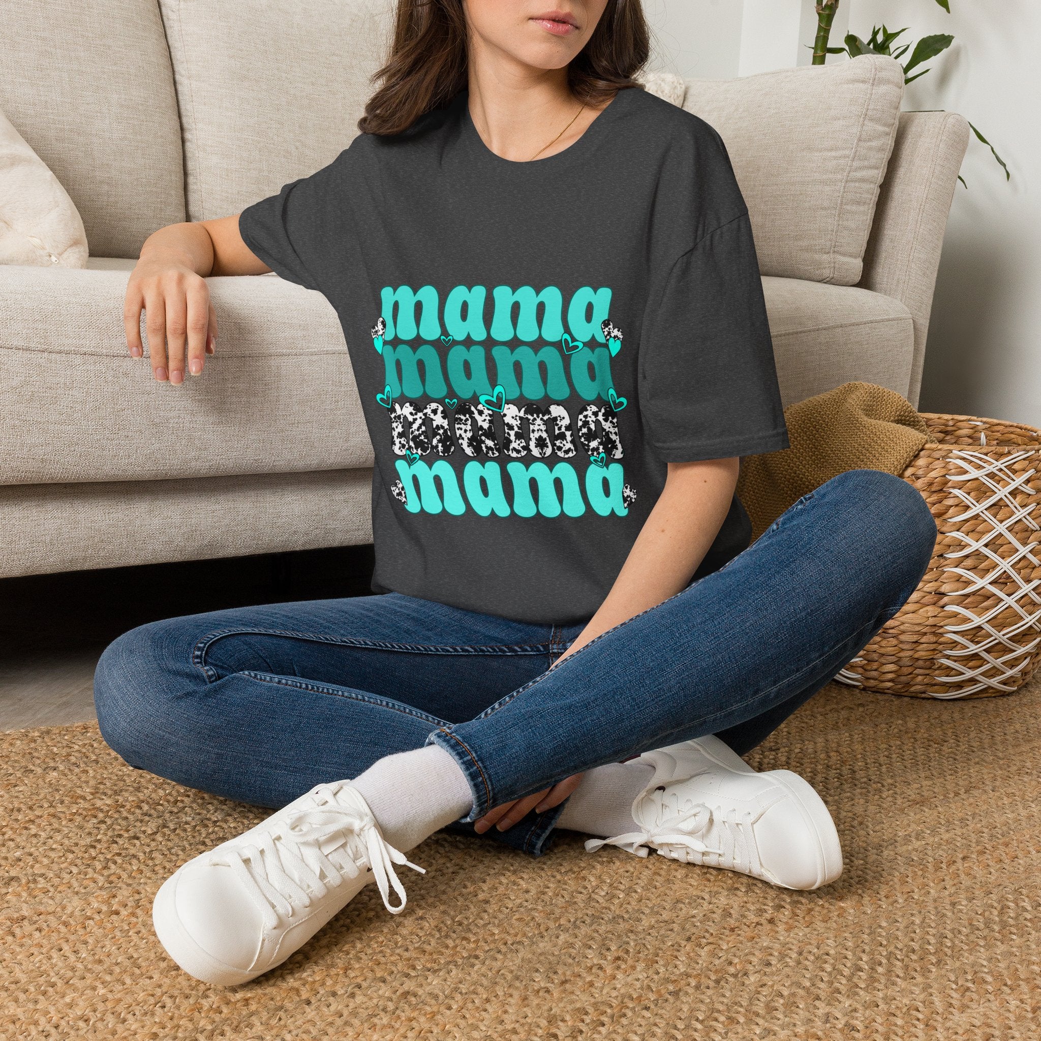 Mama Mama Retro Graphic Tee — Turquoise Stacked "mama" Design