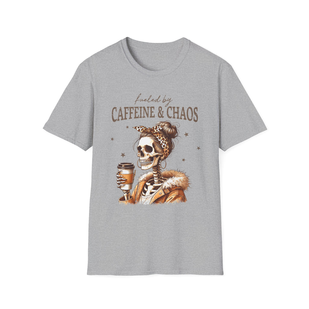T-Shirt — Fueled by Caffeine & Chaos Skeleton Graphic