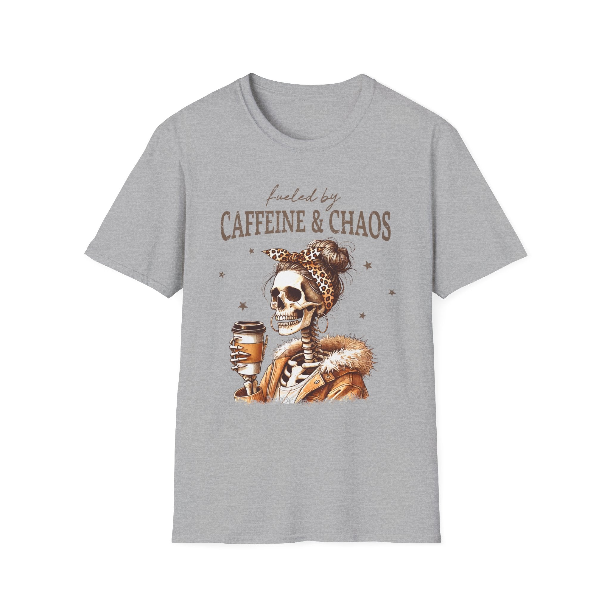 T-Shirt — Fueled by Caffeine & Chaos Skeleton Graphic
