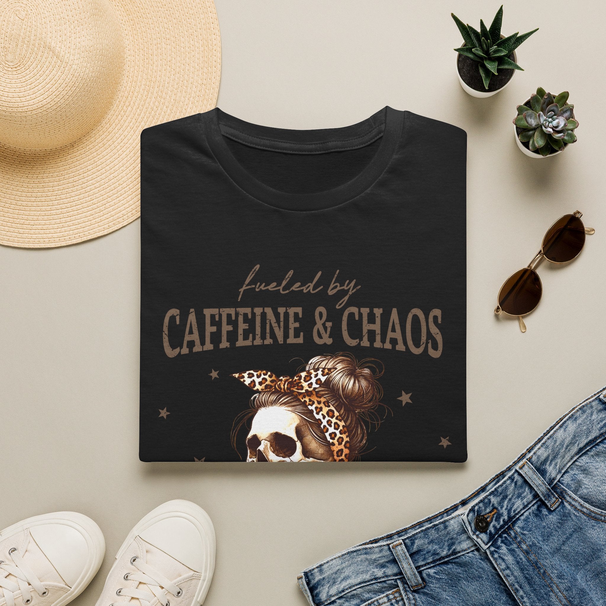 T-Shirt — Fueled by Caffeine & Chaos Skeleton Graphic