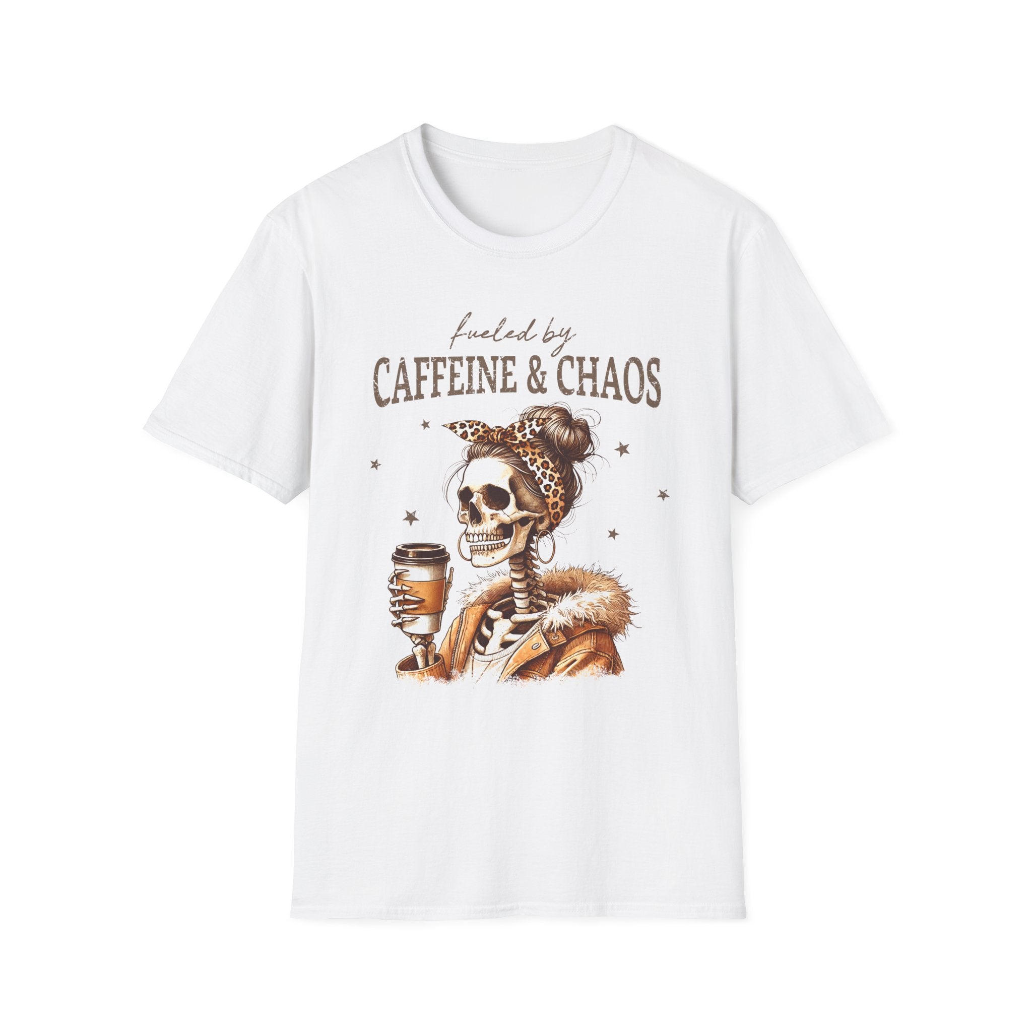 T-Shirt — Fueled by Caffeine & Chaos Skeleton Graphic