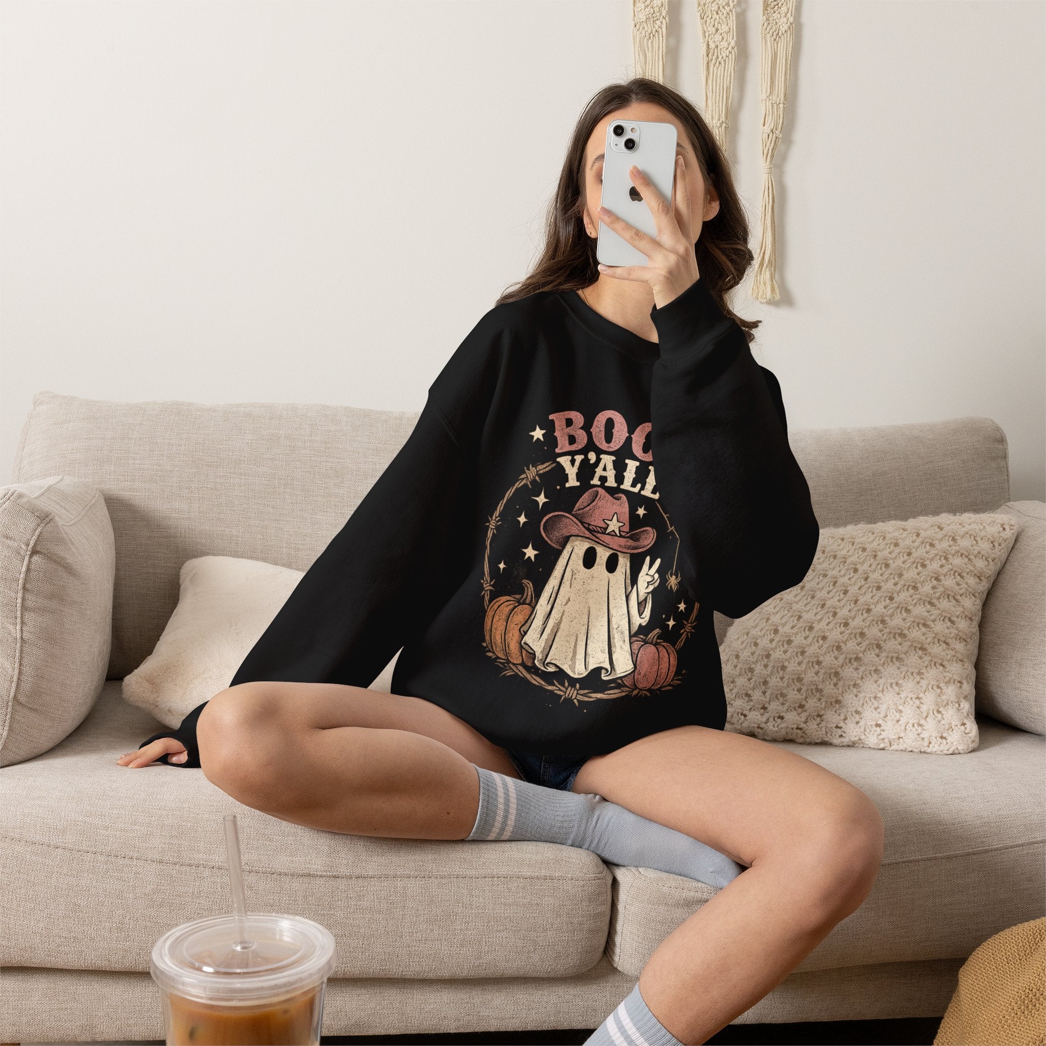 Boo Y'all Ghost Sweatshirt — Cute Cowboy Ghost Halloween Crewneck