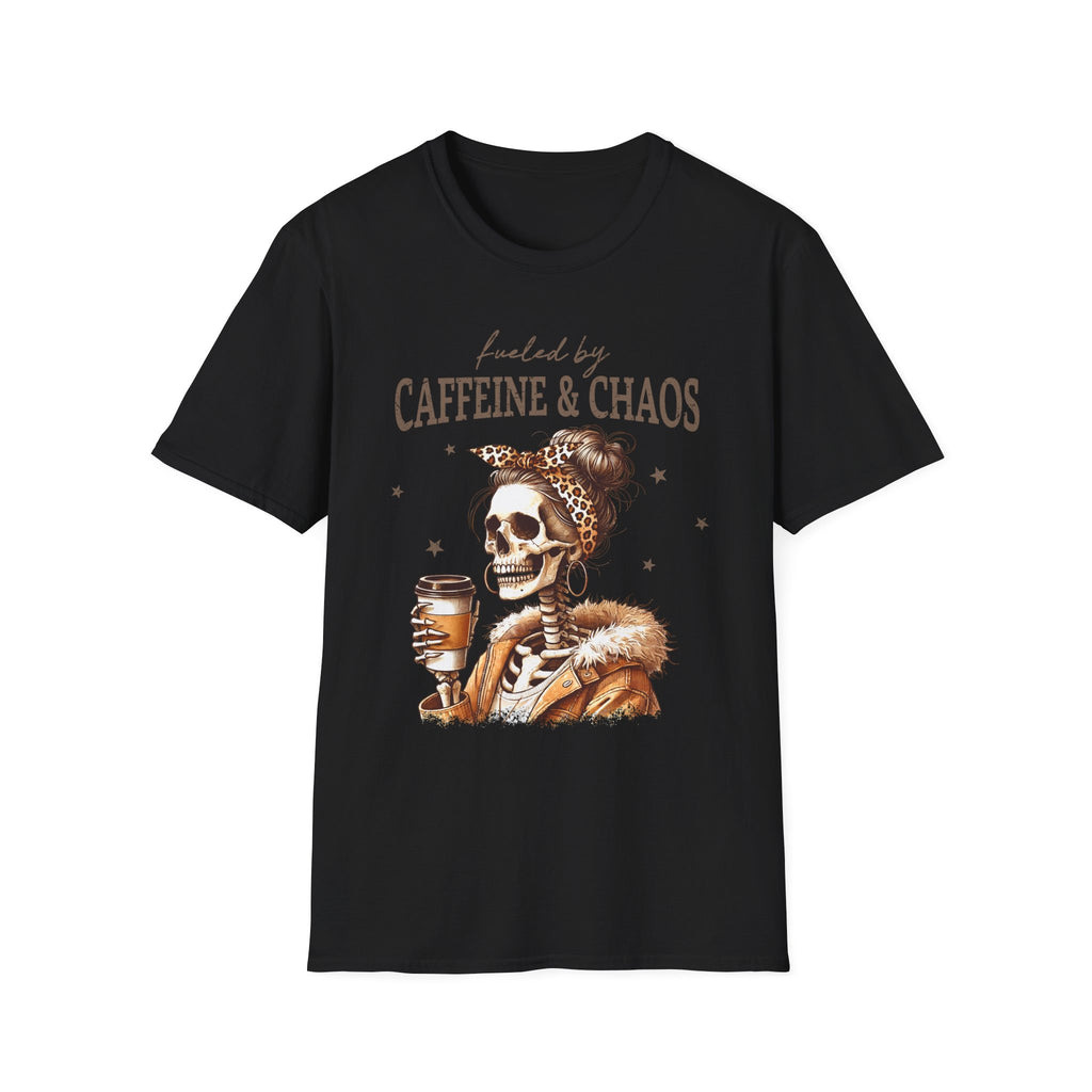 T-Shirt — Fueled by Caffeine & Chaos Skeleton Graphic