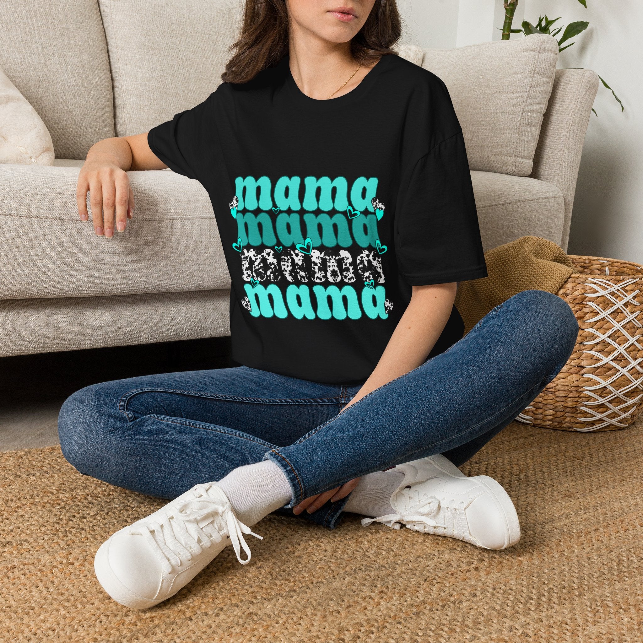Mama Mama Retro Graphic Tee — Turquoise Stacked "mama" Design